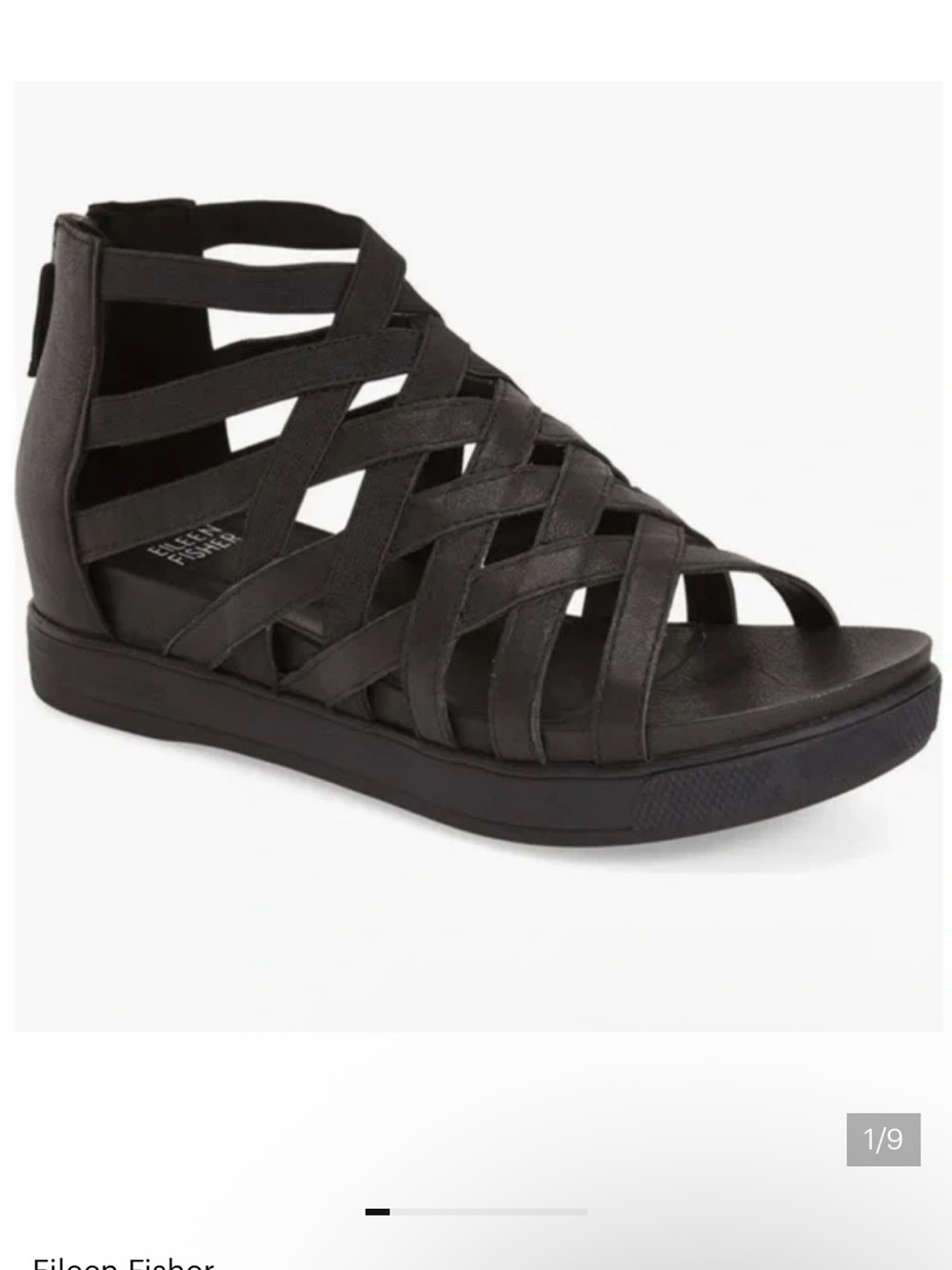 EILEEN FISHER Airy Wedge Cage Black Leather Gladiator Strappy Sandals Size 10